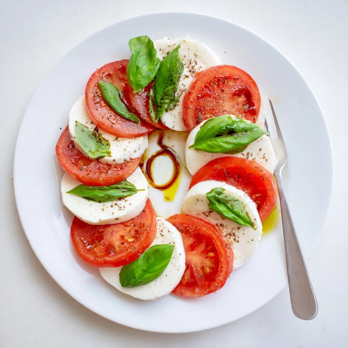 Bright Classic Caprese Salad drizzled with olive oil and balsamic glaze
