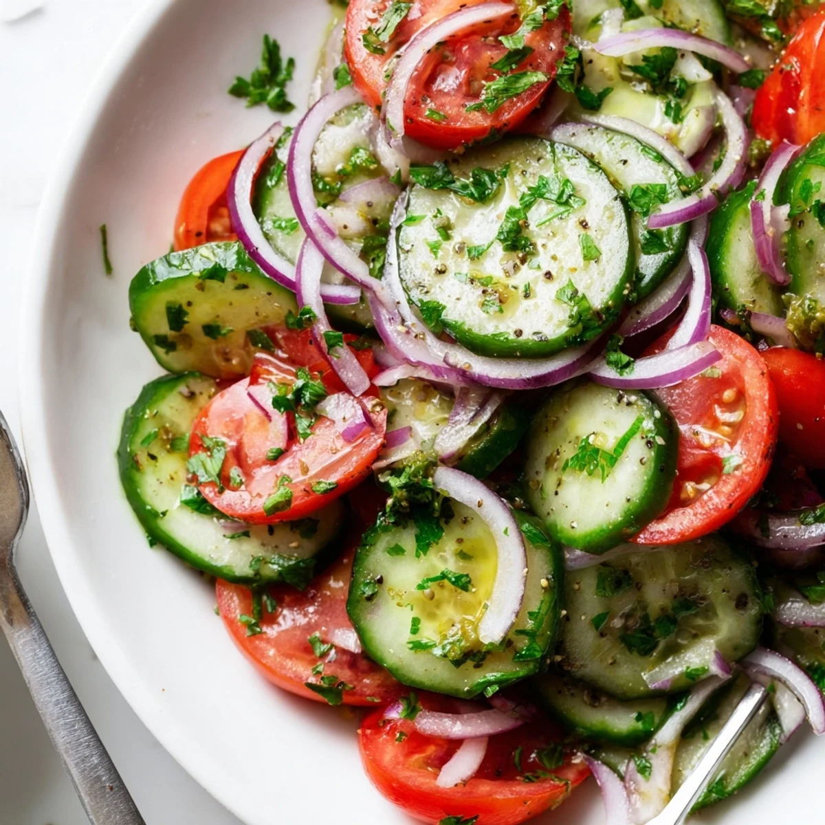 Cucumber Tomato Salad with crisp cucumbers, juicy tomatoes, tangy vinaigrette.