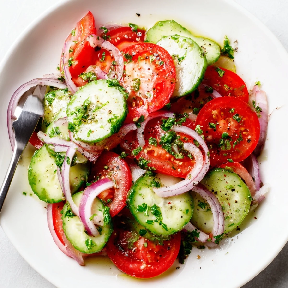 Bright Cucumber Tomato Salad tossed with red onion and parsley, served chilled.