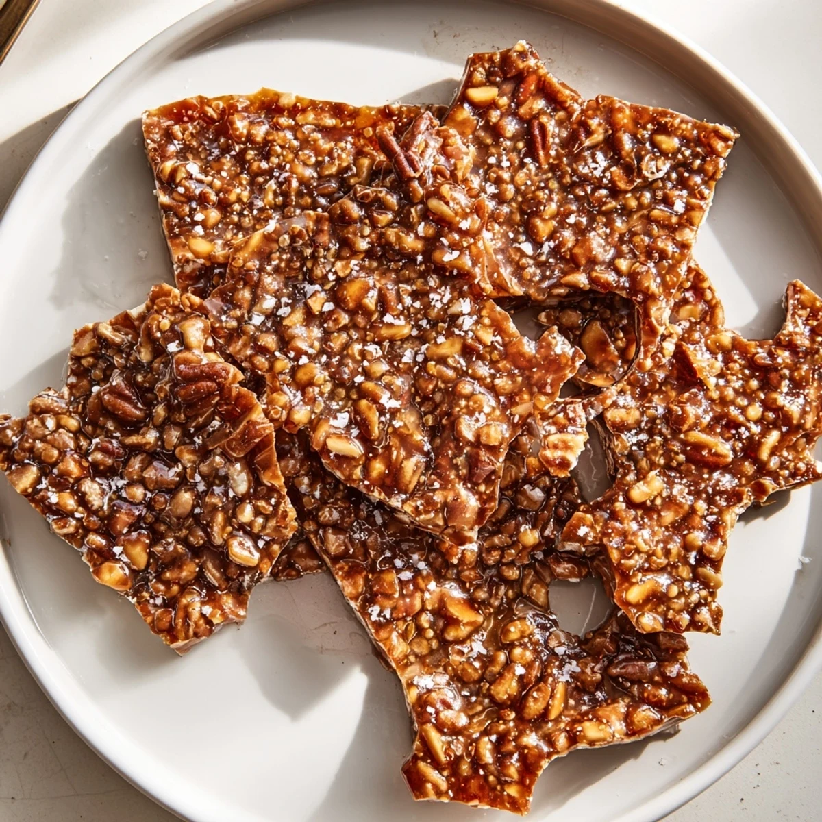 Sea Salted Quinoa Pecan Brittle: glossy amber shards studded with toasted pecans