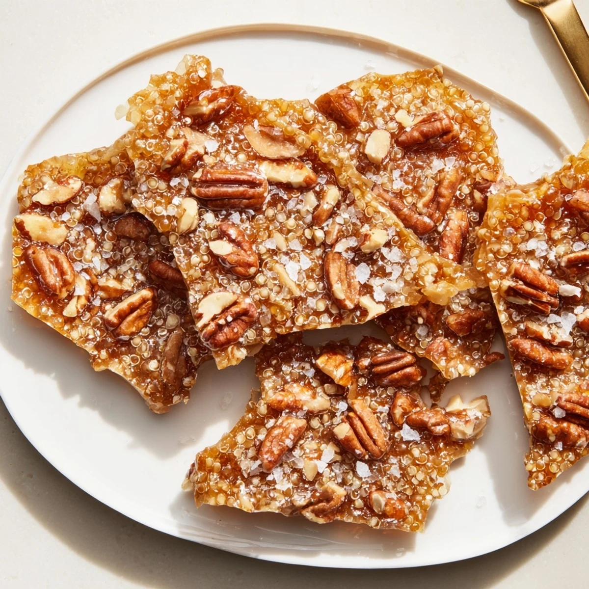 Hand breaking Sea Salted Quinoa Pecan Brittle; nutty aroma, crunchy puffed quinoa bites