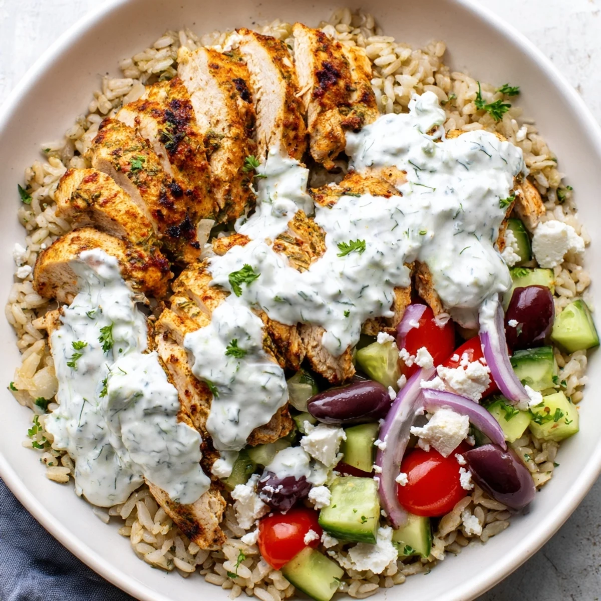 Golden sliced chicken tops this Greek chicken grain bowl with fresh tomatoes and tzatziki.