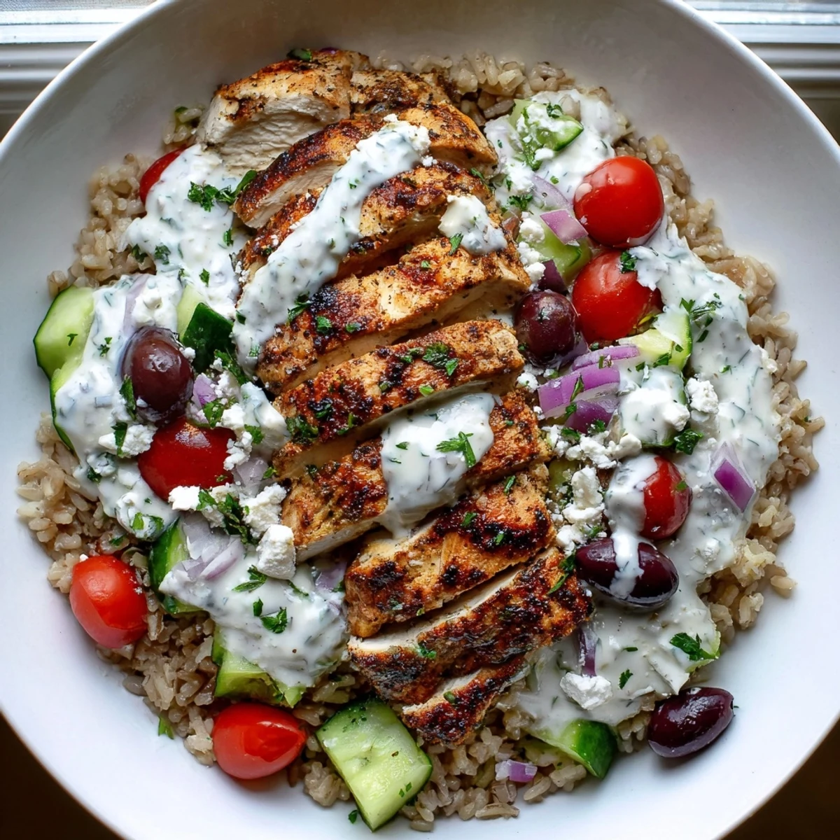 Juicy herb-marinated chicken served over a colorful Greek chicken grain bowl with lemon wedges.