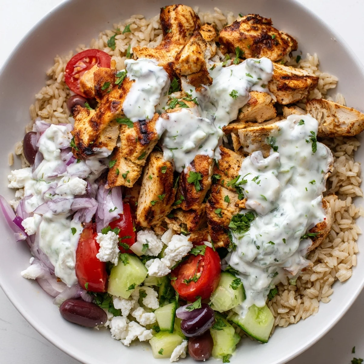 Vibrant Greek chicken grain bowl layered with cucumbers olives feta and creamy sauce.