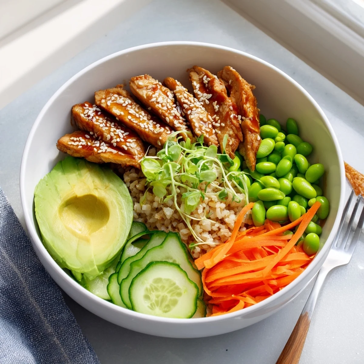Juicy glazed chicken in a vibrant teriyaki chicken grain bowl with crisp edamame