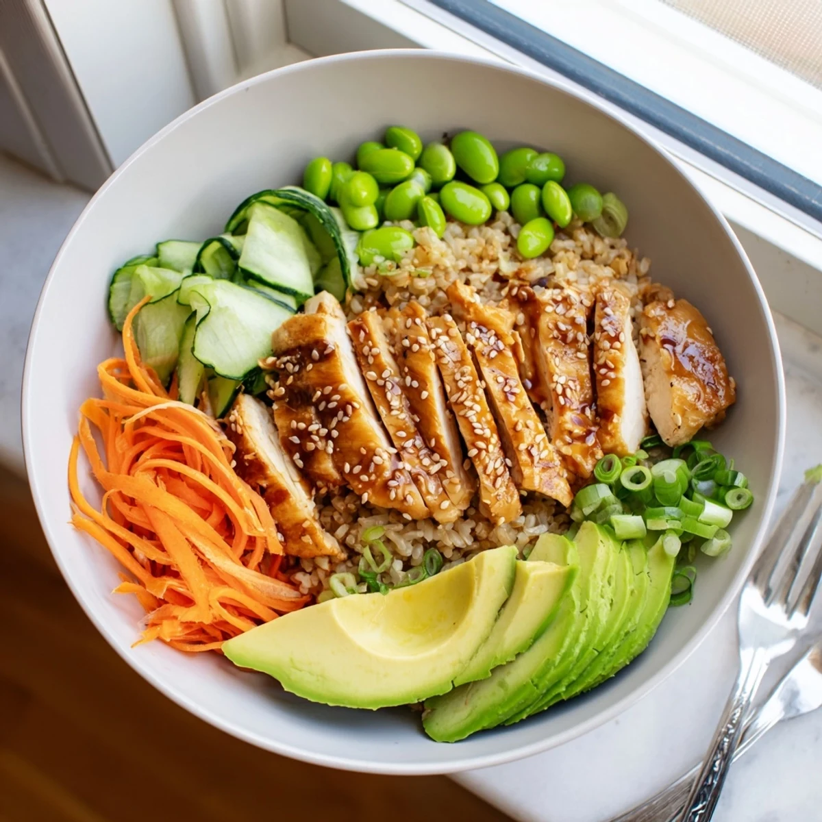 Colorful teriyaki chicken grain bowl arranged over brown rice and fresh vegetables