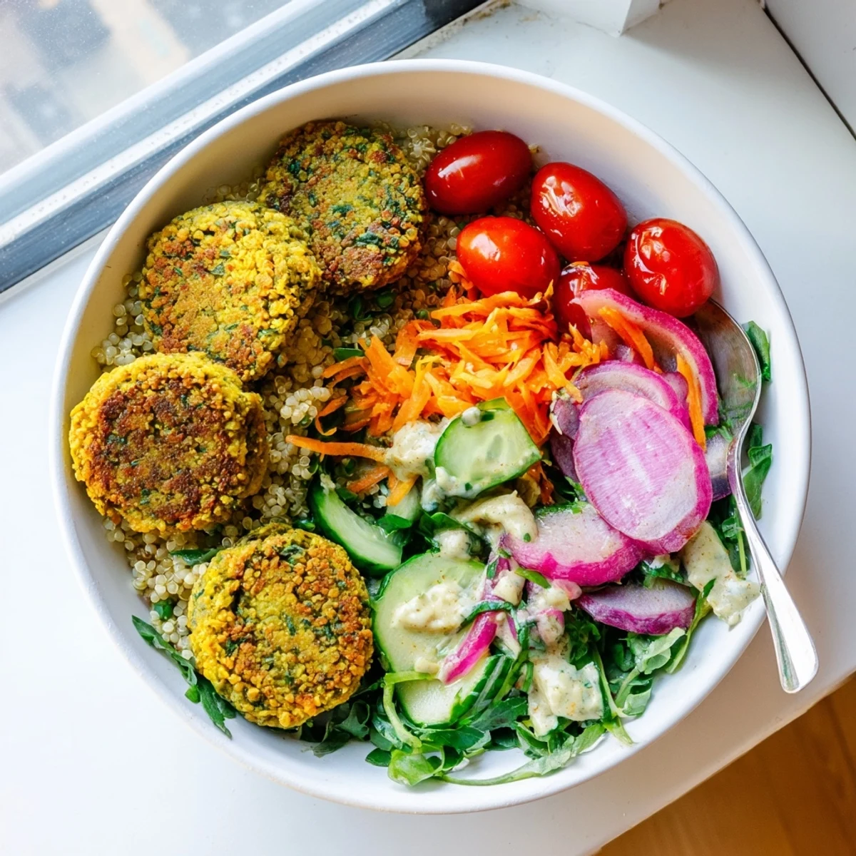 Crispy golden falafel grain bowl topped with fresh vegetables and creamy tahini drizzle