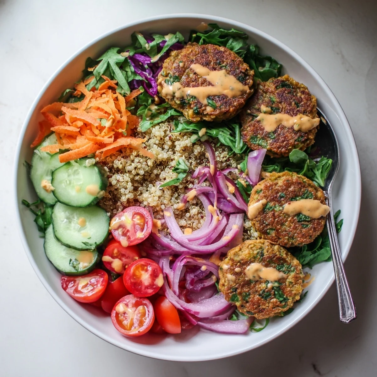 Hearty falafel grain bowl served over fluffy quinoa with colorful roasted vegetables and herbs