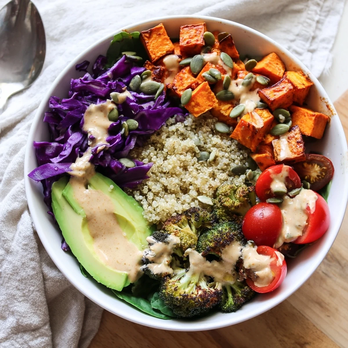 Colorful Vegan Buddha Bowl with roasted vegetables, creamy tahini dressing, and pumpkin seeds on quinoa