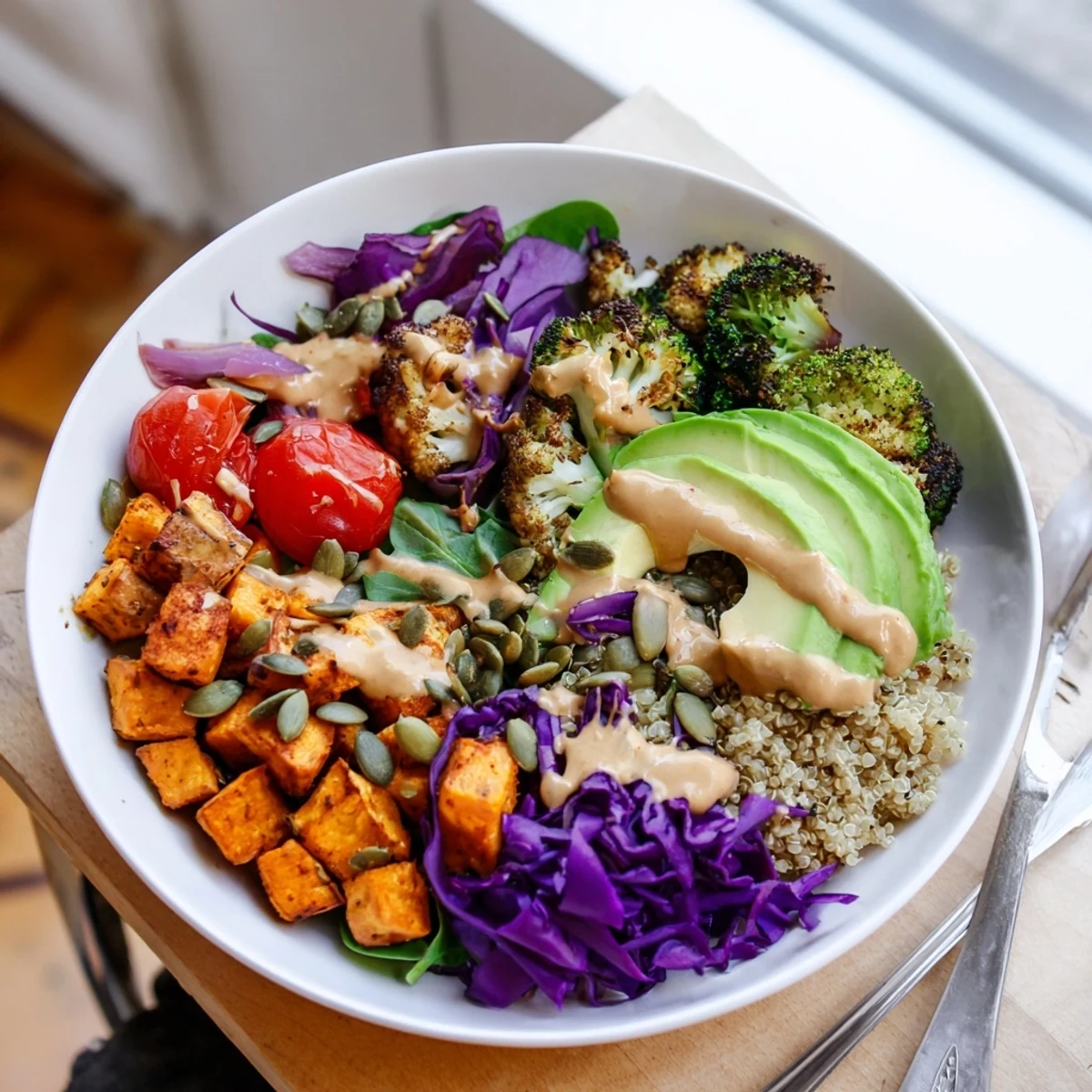 Vegan Buddha Bowl featuring tender roasted sweet potato, avocado slices, and drizzled tahini sauce