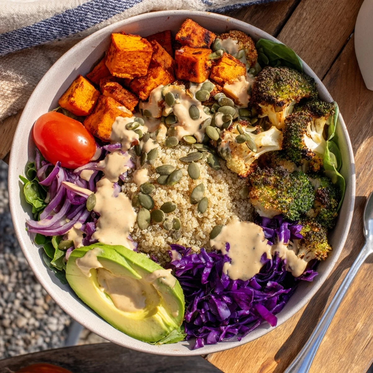 Vibrant Vegan Buddha Bowl served in a white dish with fresh spinach, cabbage, and tomatoes