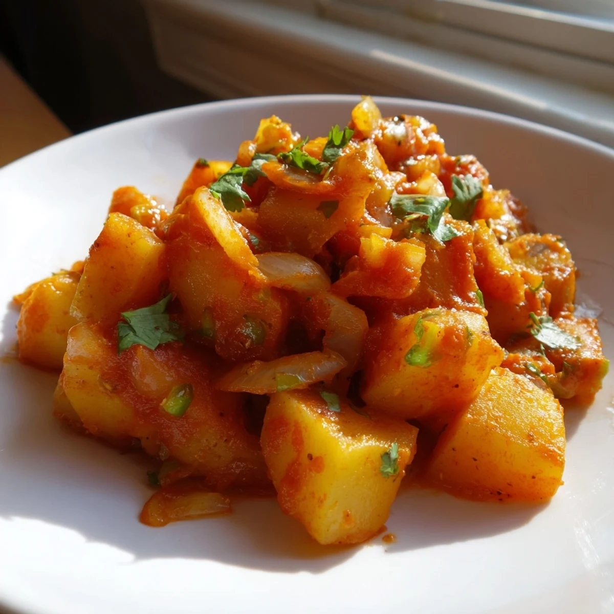 Tender papas con chile smothered in a rich, mildly spicy red sauce with fresh cilantro garnish