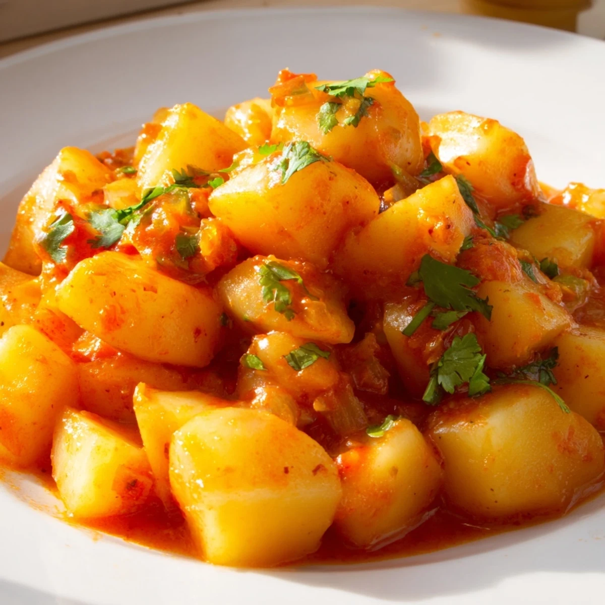 Steaming bowl of papas con chile topped with chopped cilantro, served as a hearty vegetarian side