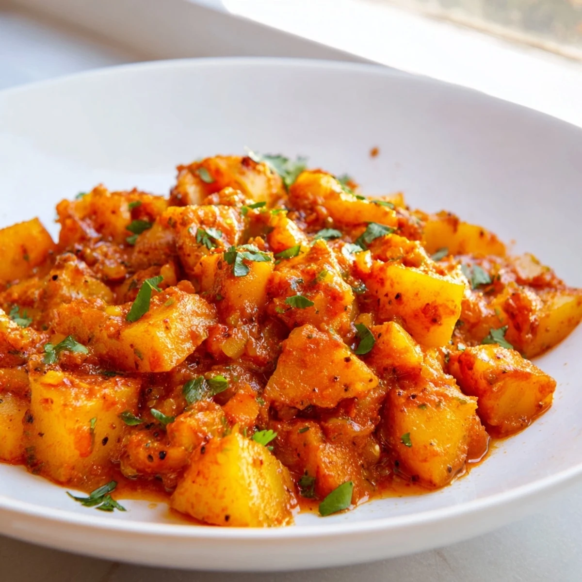 Golden potato chunks in this papas con chile recipe coated in a savory jalapeño tomato sauce