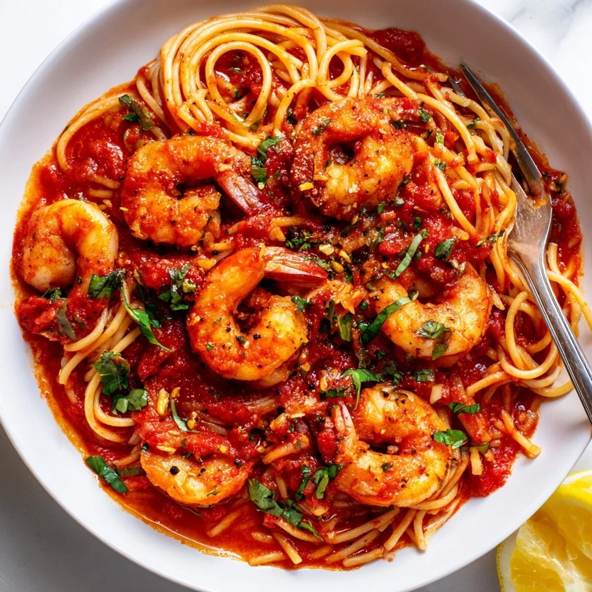 Plump shrimp fra diavolo swimming in a fiery red tomato sauce with fresh parsley