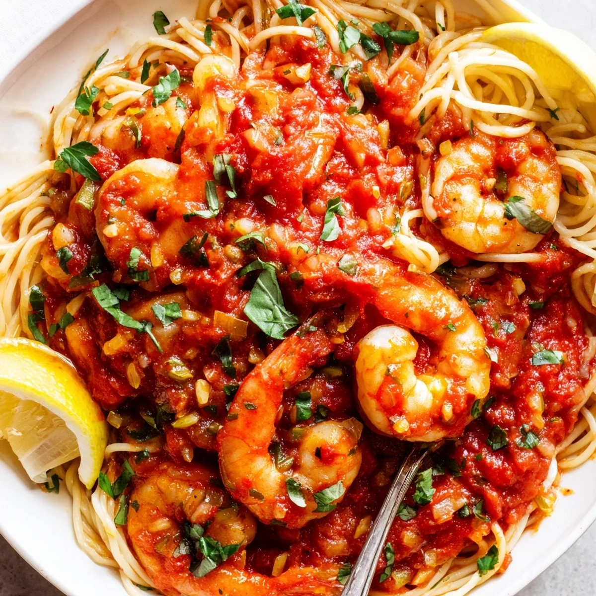 Golden pan-seared shrimp fra diavolo in bubbling crushed tomato sauce with garlic and wine