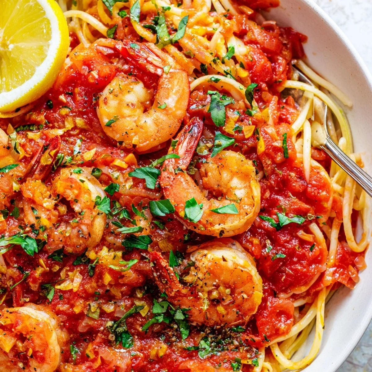 Spicy shrimp fra diavolo served over steaming spaghetti with a sprinkle of basil
