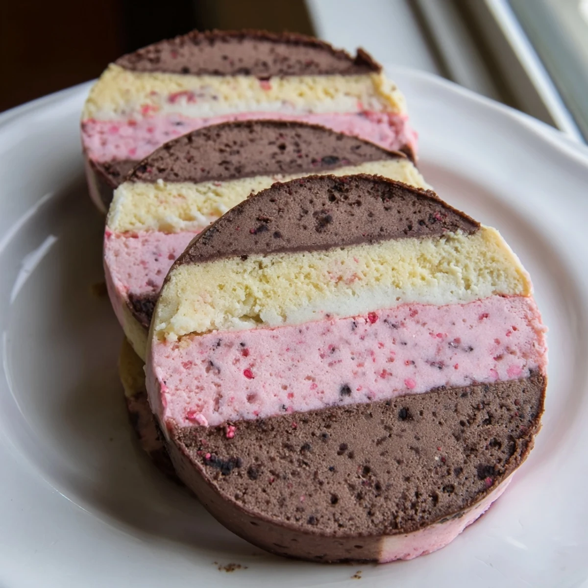Colorful Neapolitan Cookies sliced to reveal chocolate, vanilla, and strawberry layers on a rustic baking sheet
