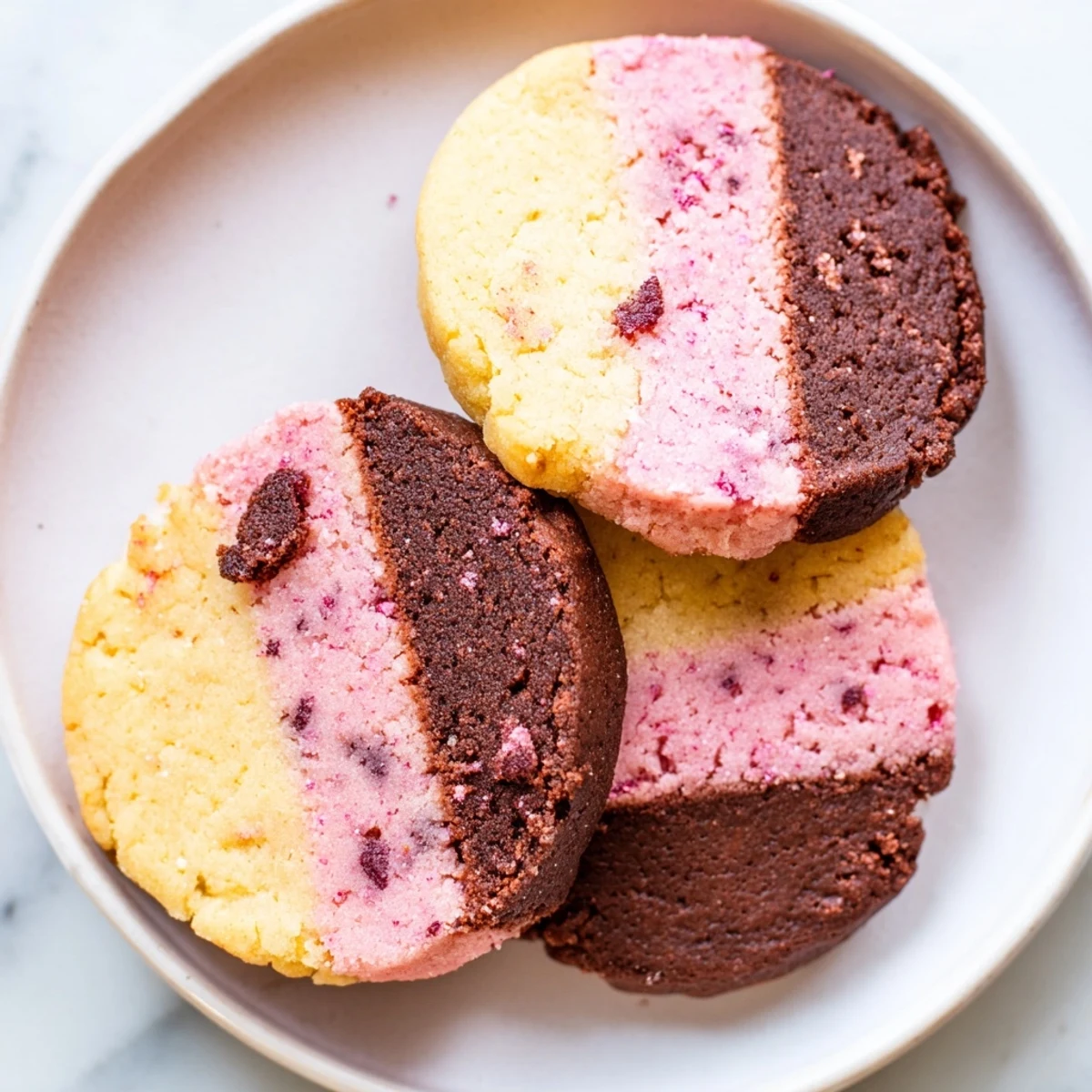 Crisp Neapolitan Cookies with swirls of chocolate, strawberry, and vanilla stacked on a white dessert plate