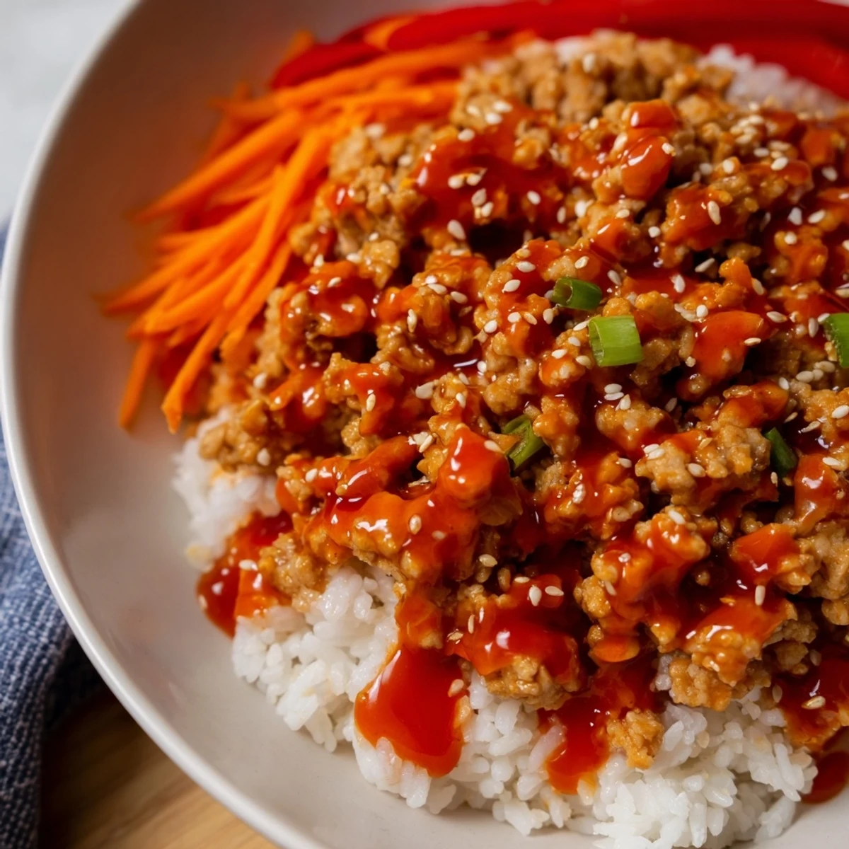 Ground Turkey Rice Bowls with Bang Bang Sauce drizzled over crisp vegetables and fluffy jasmine rice