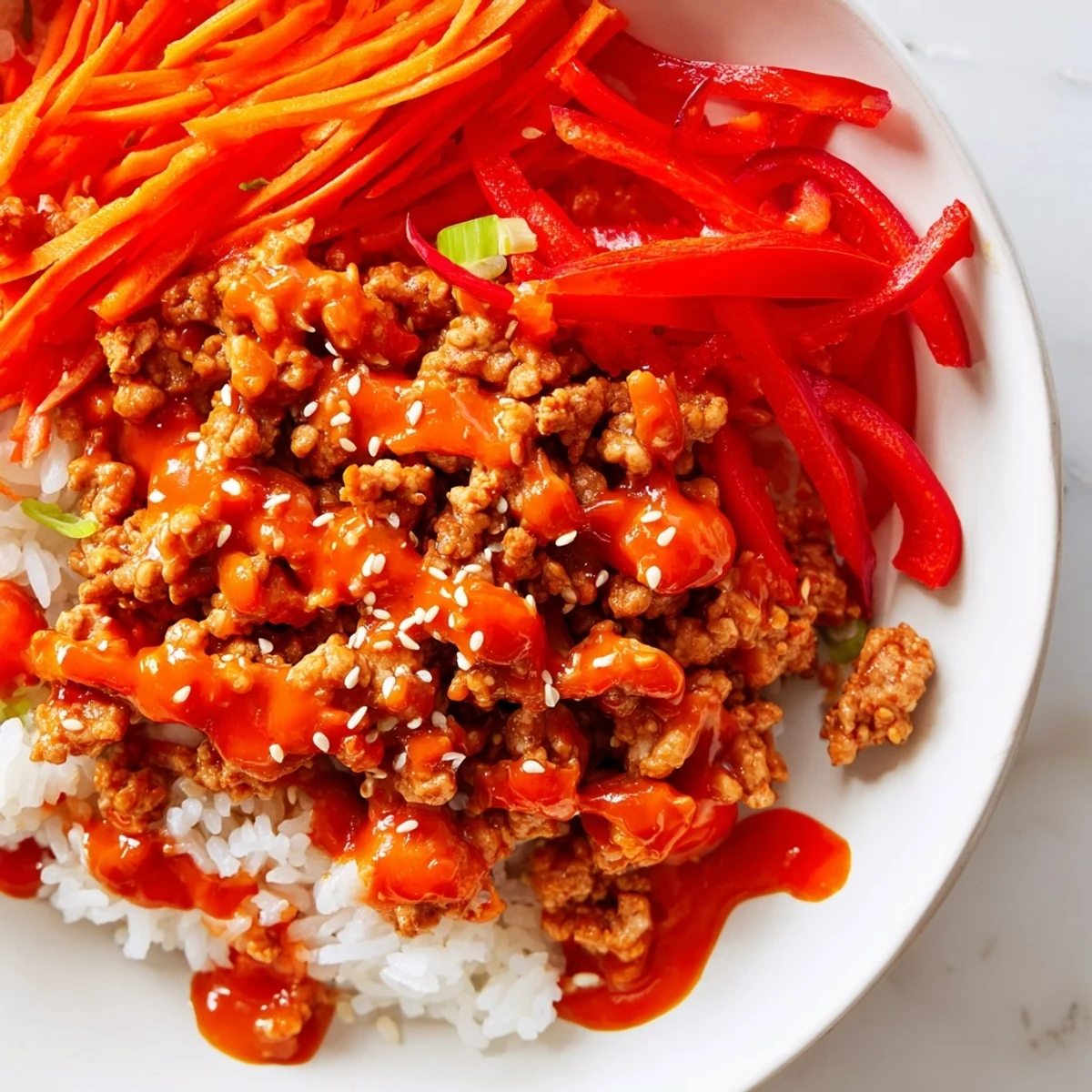 Spicy creamy Bang Bang Sauce cascading over seasoned Ground Turkey Rice Bowls with colorful fresh veggies