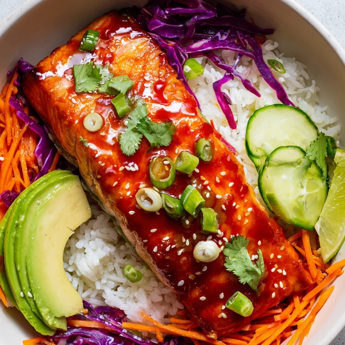 Caramelized Sriracha Honey Glazed Salmon Bowls topped with colorful crisp vegetables and fluffy white rice