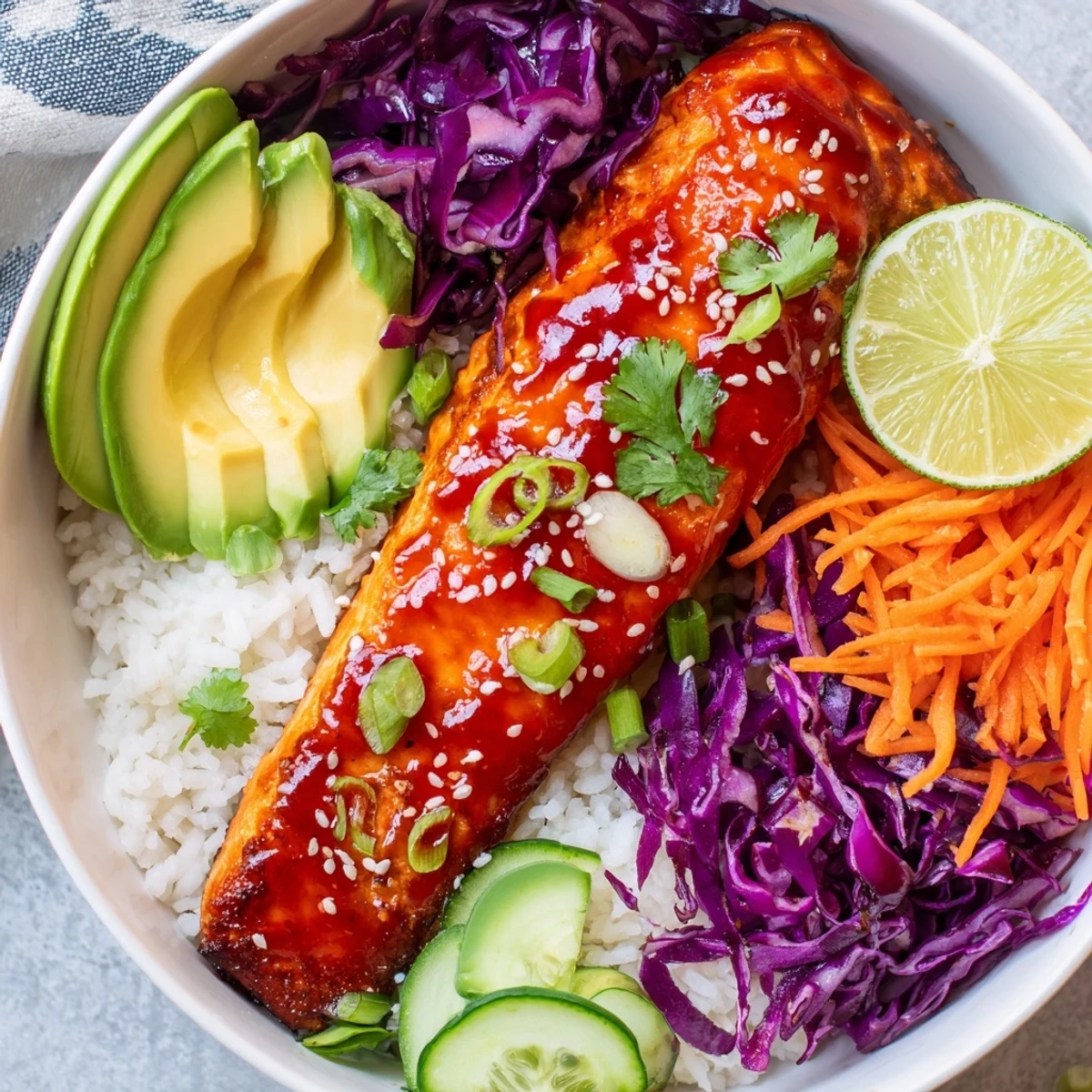 Tender salmon glistening with sweet spicy sriracha honey glaze served over jasmine rice with fresh avocado