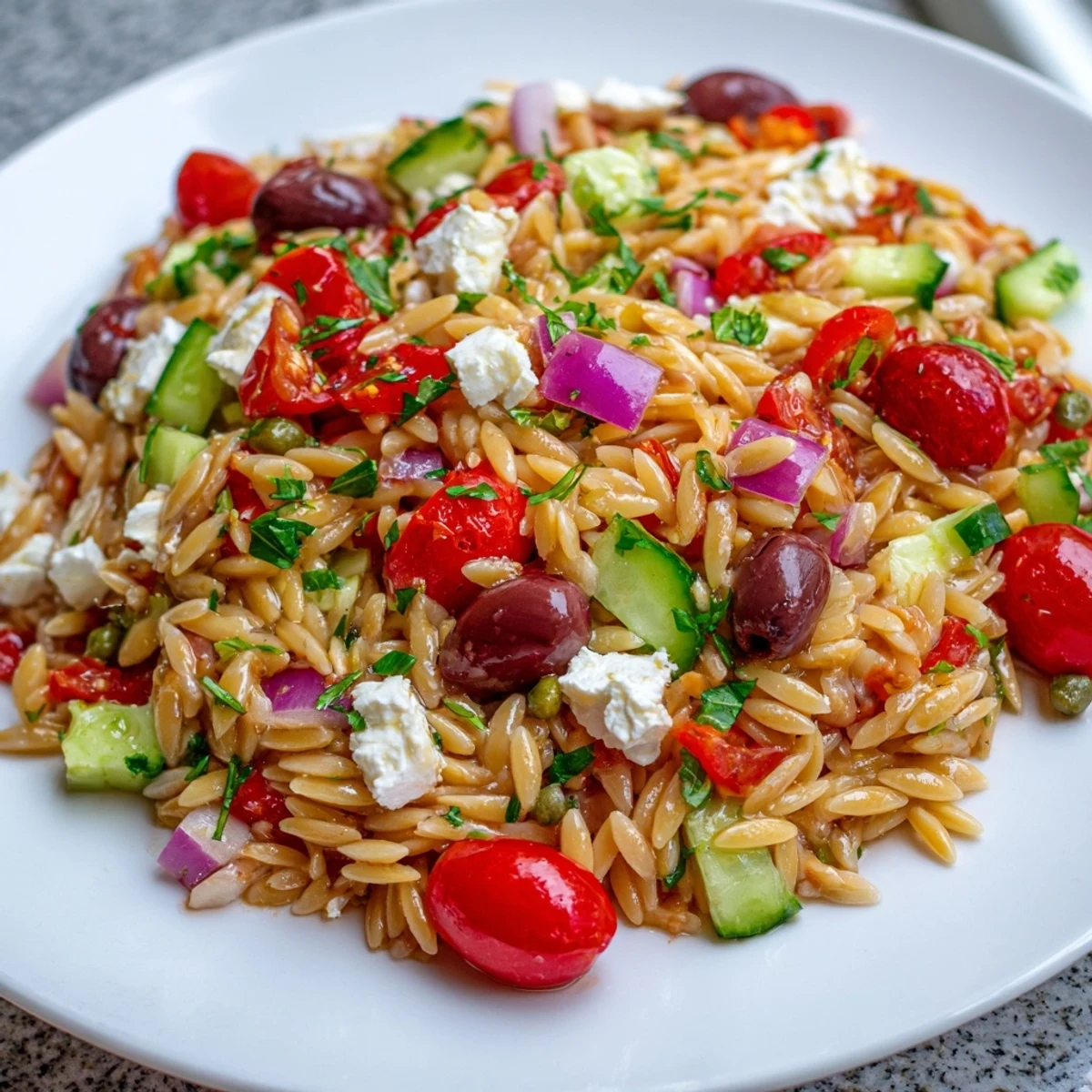 Close-up of Mediterranean orzo pasta salad tossed with crisp cucumbers, briny olives, and creamy feta crumbles