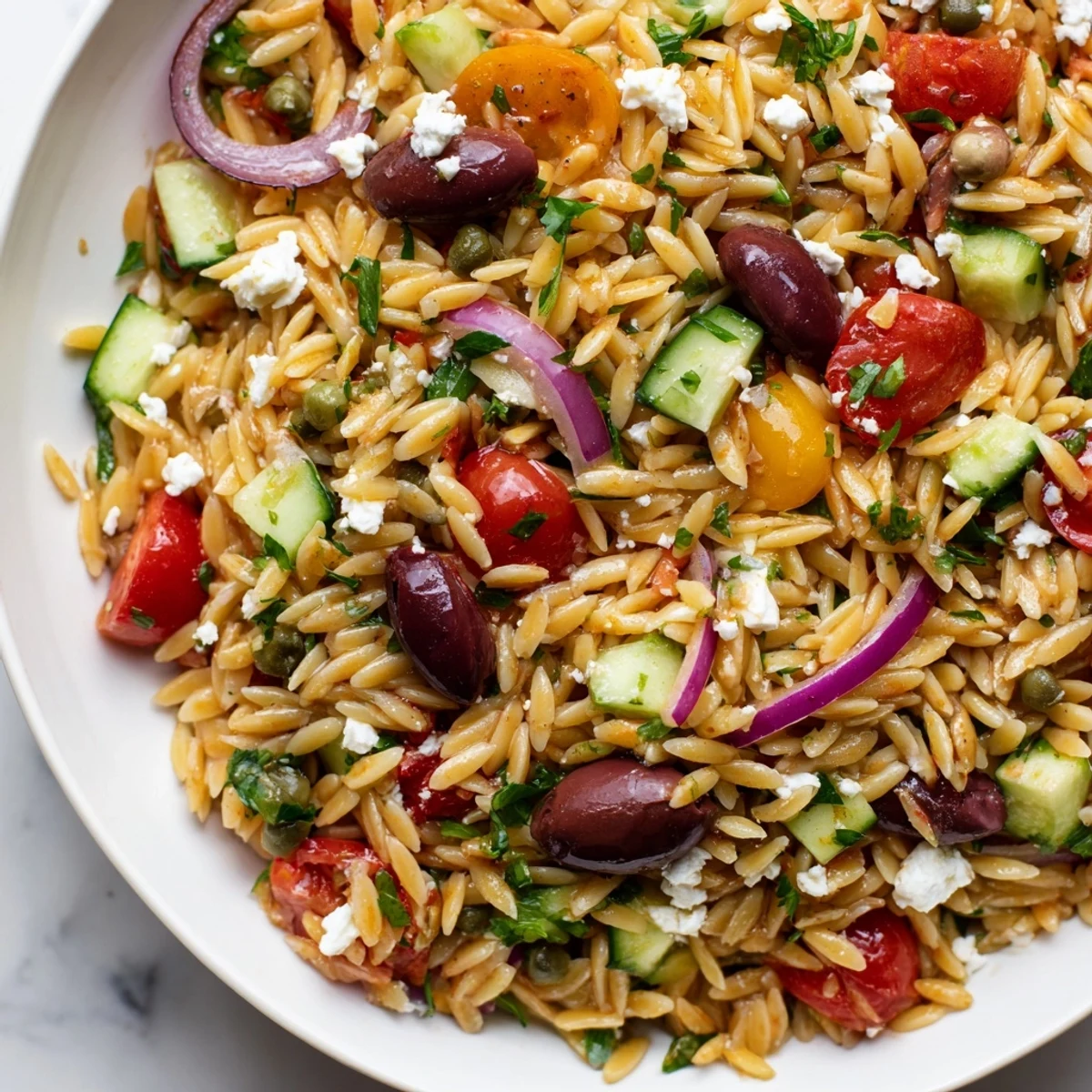 Colorful Mediterranean orzo pasta salad in a white bowl with cherry tomatoes, feta, and olives