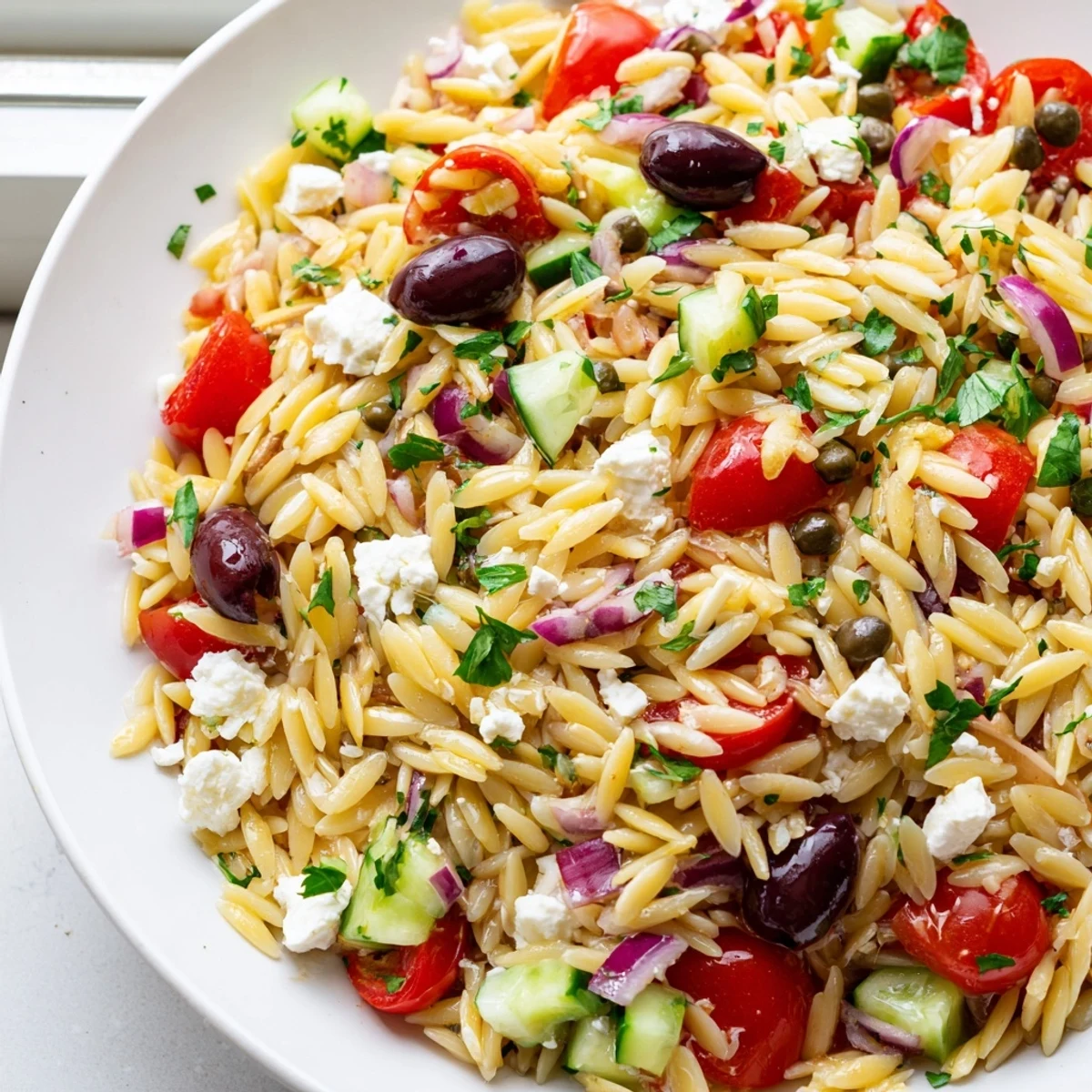 Bright Mediterranean orzo pasta salad served on a sunny patio with a zesty herb dressing