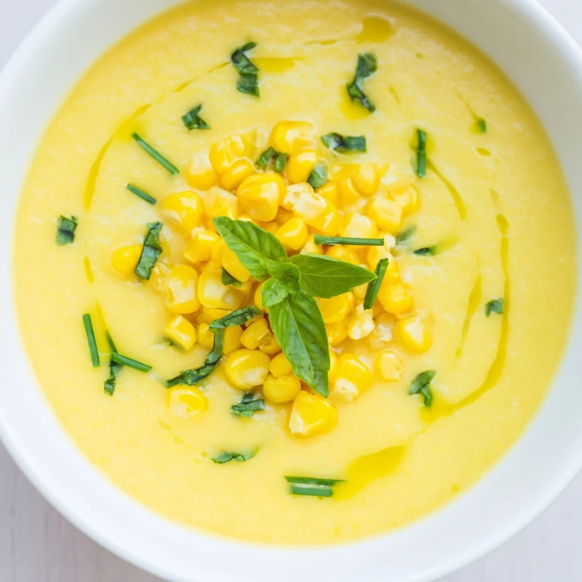 Golden summer sweet corn gazpacho topped with whole kernels and a drizzle of olive oil