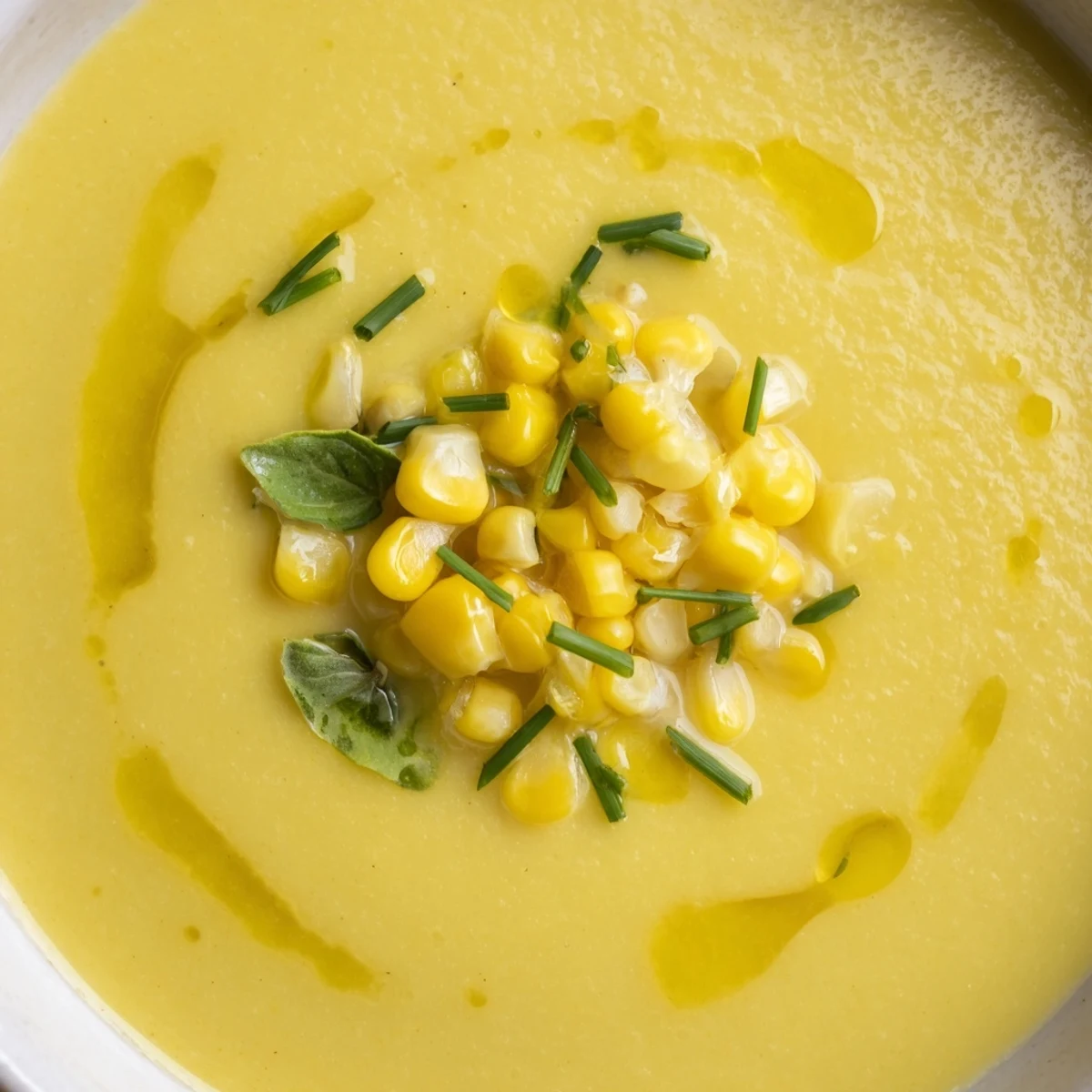 Smooth summer sweet corn gazpacho poured into shallow bowls alongside crusty bread for dipping