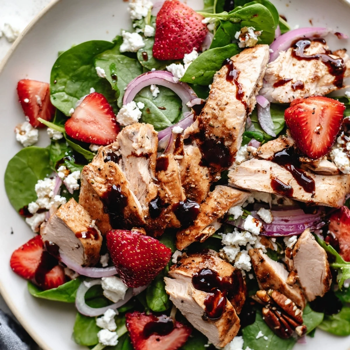 Crispy chicken sliced over fresh greens with juicy strawberries in a tangy strawberry chicken salad.