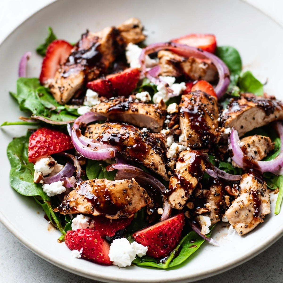 Creamy feta and sweet strawberries top this vibrant strawberry chicken salad on a rustic plate.