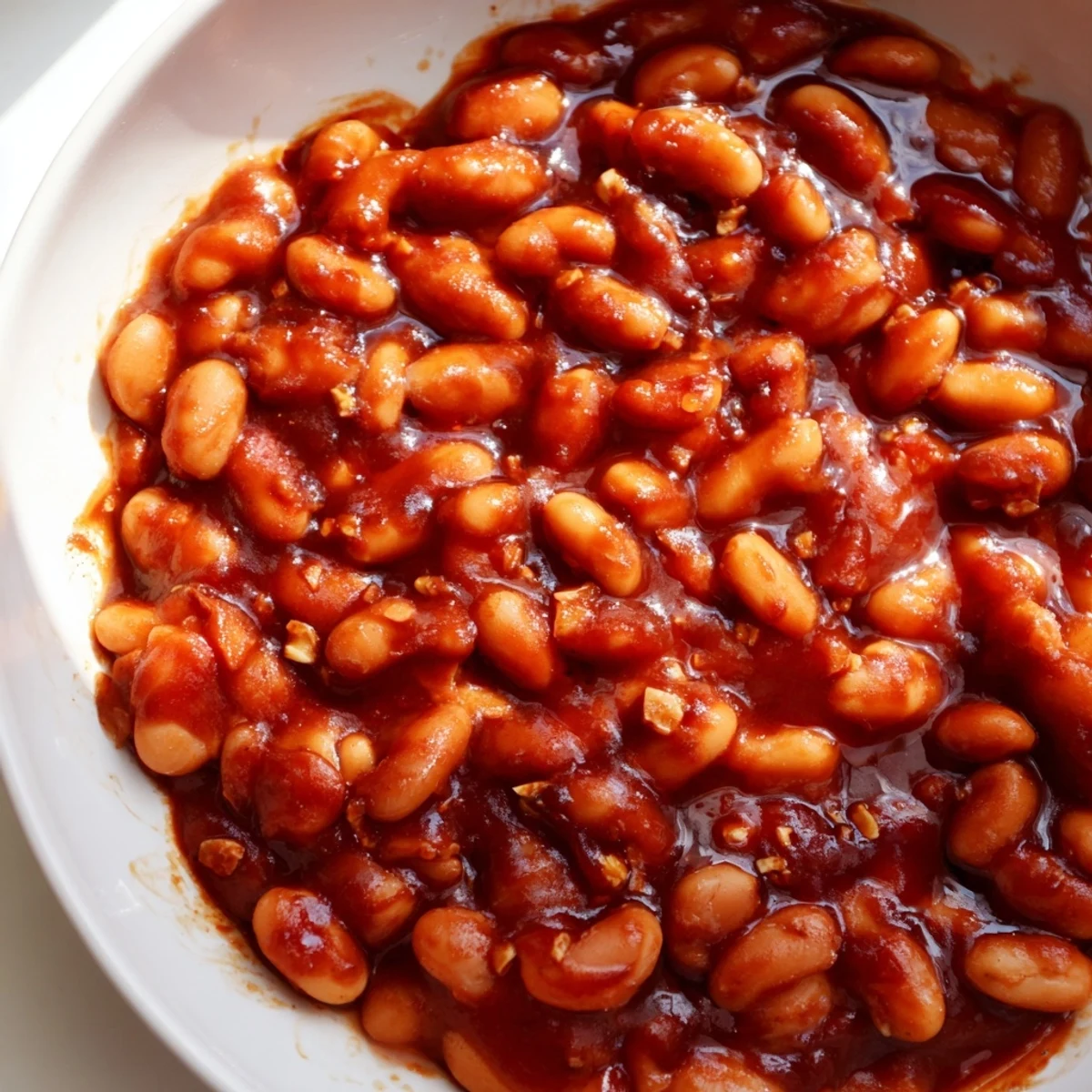 Steaming bowl of Quick Barbecued Beans garnished with fresh parsley on a checkered tablecloth