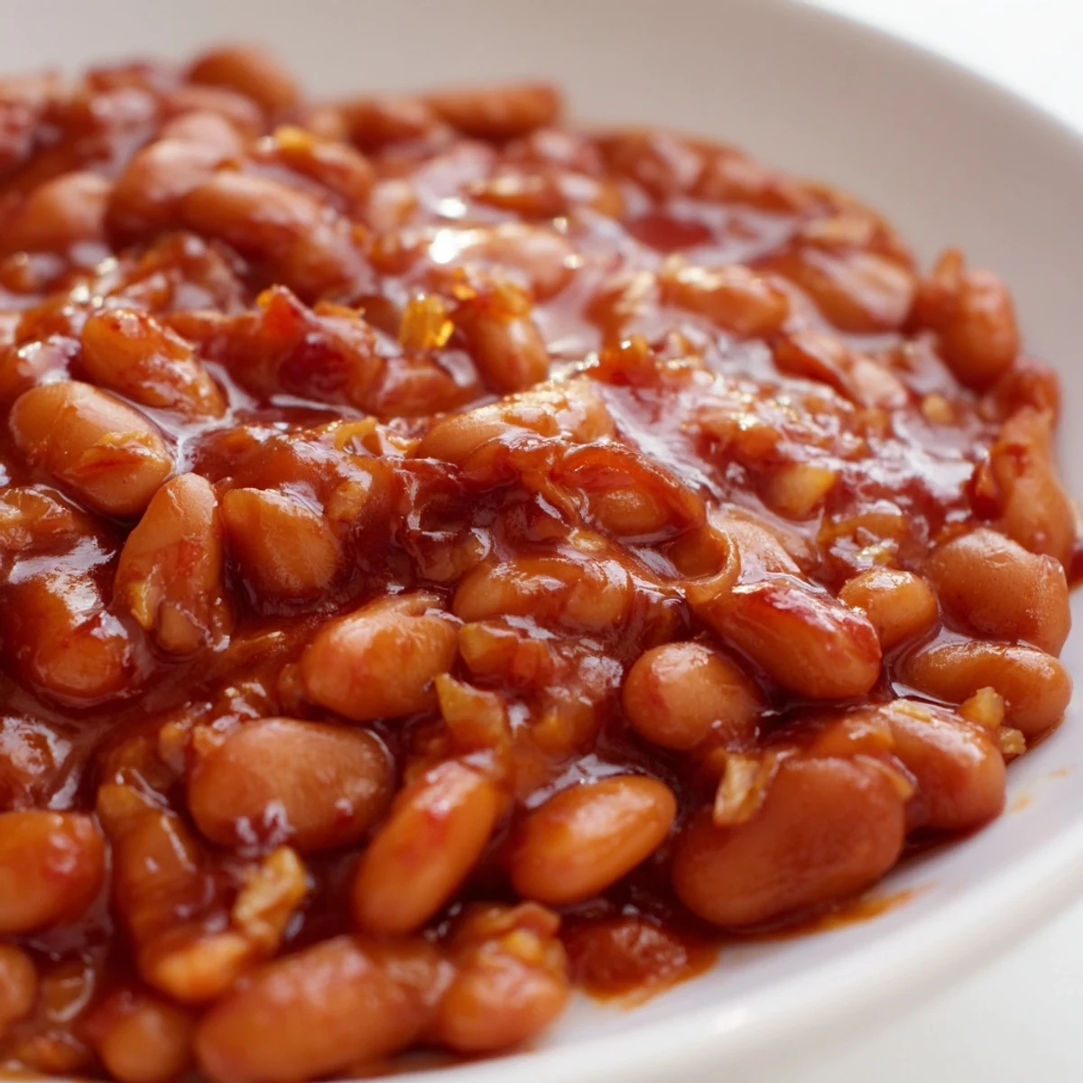 Quick Barbecued Beans in a rustic pot with glistening, dark smoky sauce and tender texture