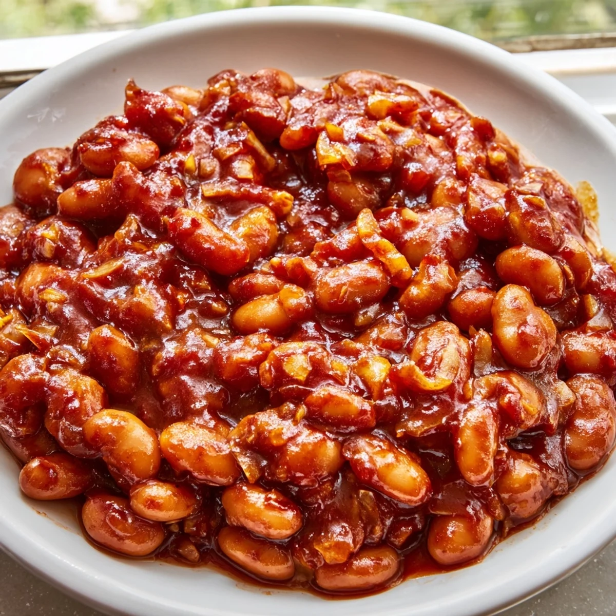 Quick Barbecued Beans served alongside grilled corn and crusty bread at a sunny backyard cookout