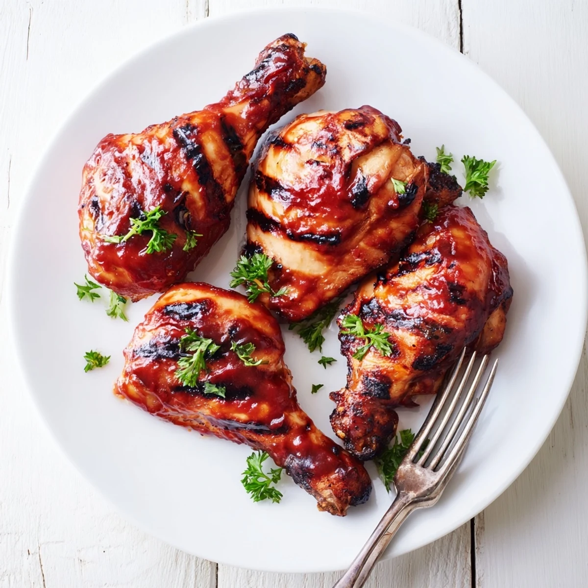 Smoky barbecue chicken with charred skin resting on a rustic wooden cutting board