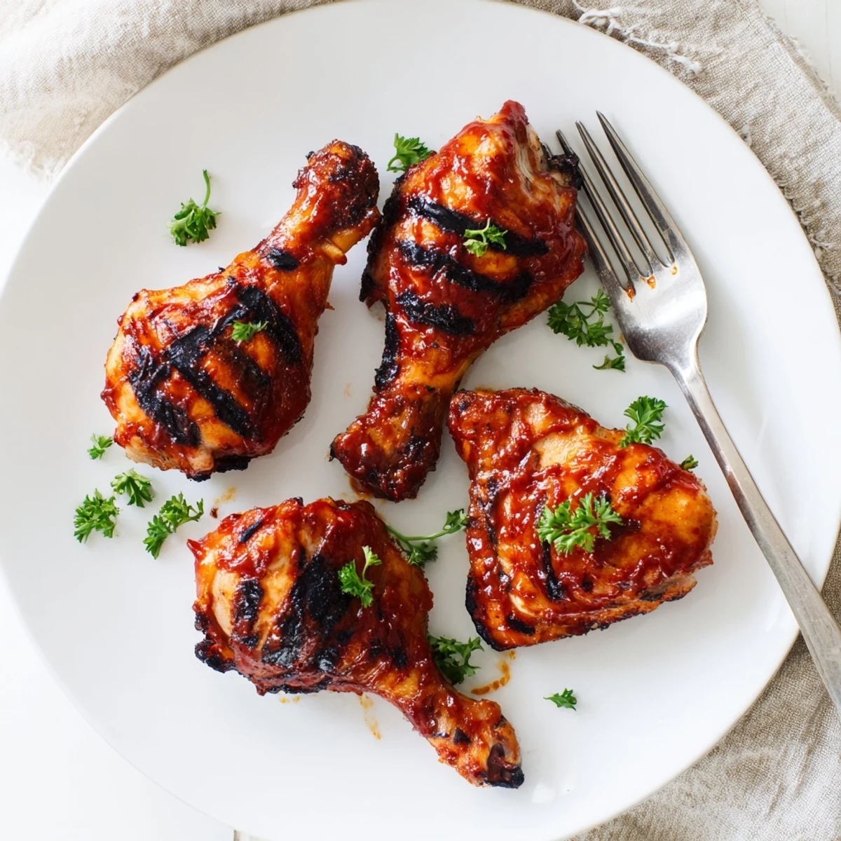 Crispy-skinned barbecue chicken served alongside grilled corn and creamy coleslaw