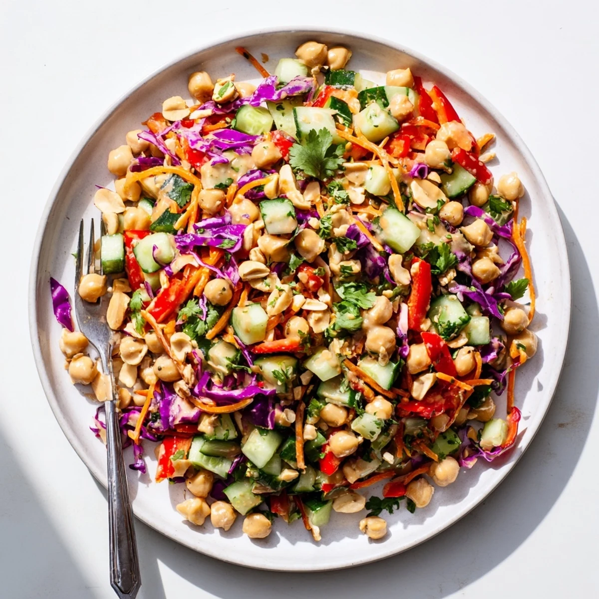 Crunchy Thai Chickpea Salad tossed in creamy peanut dressing with vibrant shredded vegetables