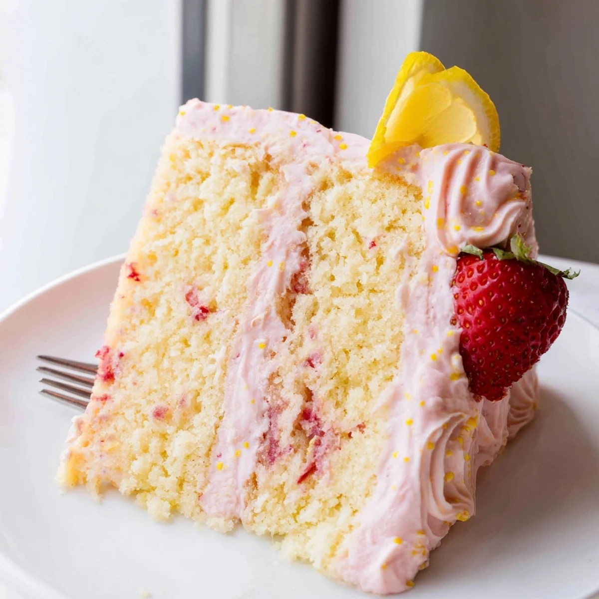 A slice of strawberry lemonade cake topped with pink frosting and fresh berries