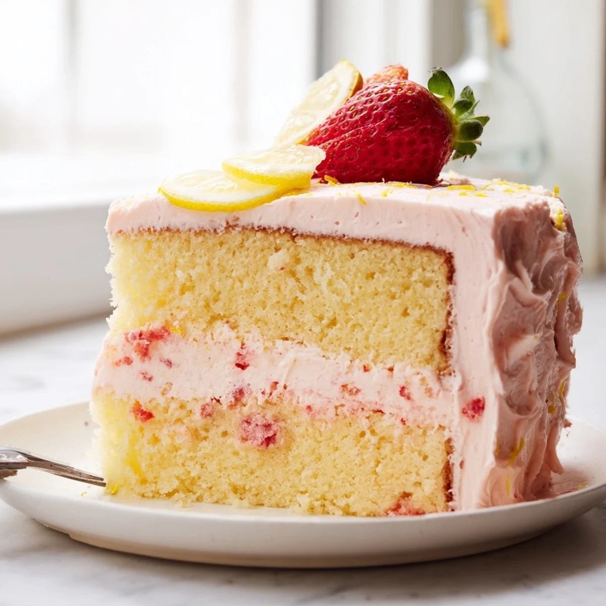 Frosted strawberry lemonade cake layers garnished with lemon wheels and strawberry halves