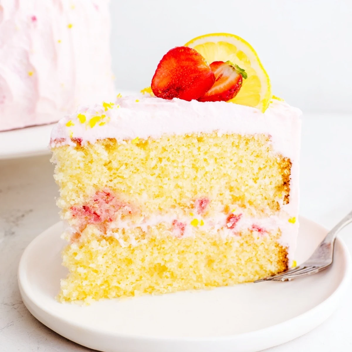 A moist strawberry lemonade cake served on a bright summer dessert table