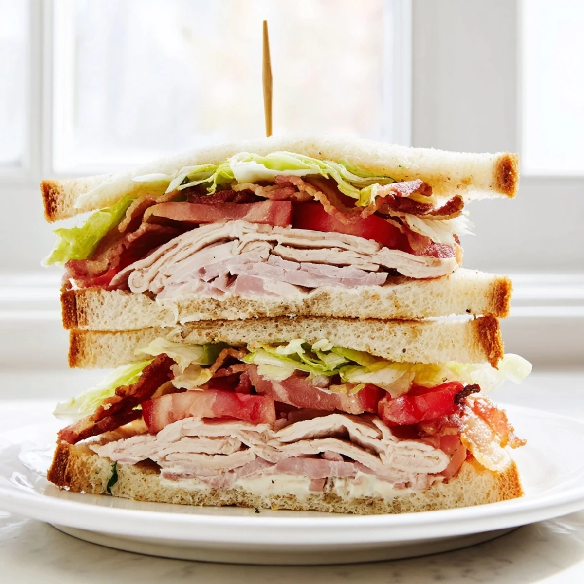 Classic club sandwich stacked with turkey, bacon, lettuce, and tomato on toasted bread.