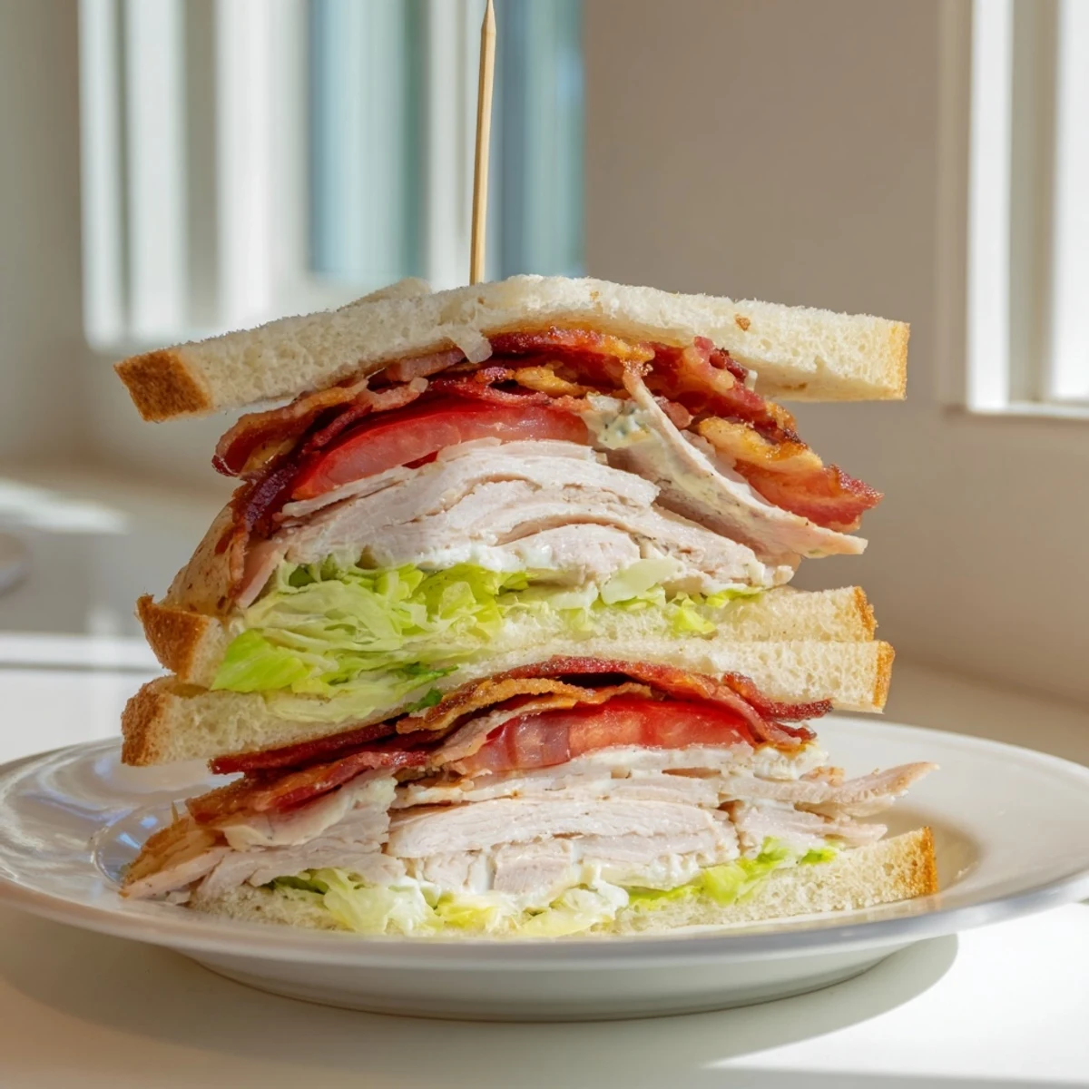Triple-decker club sandwich featuring layers of tender meats and crisp fresh vegetables.