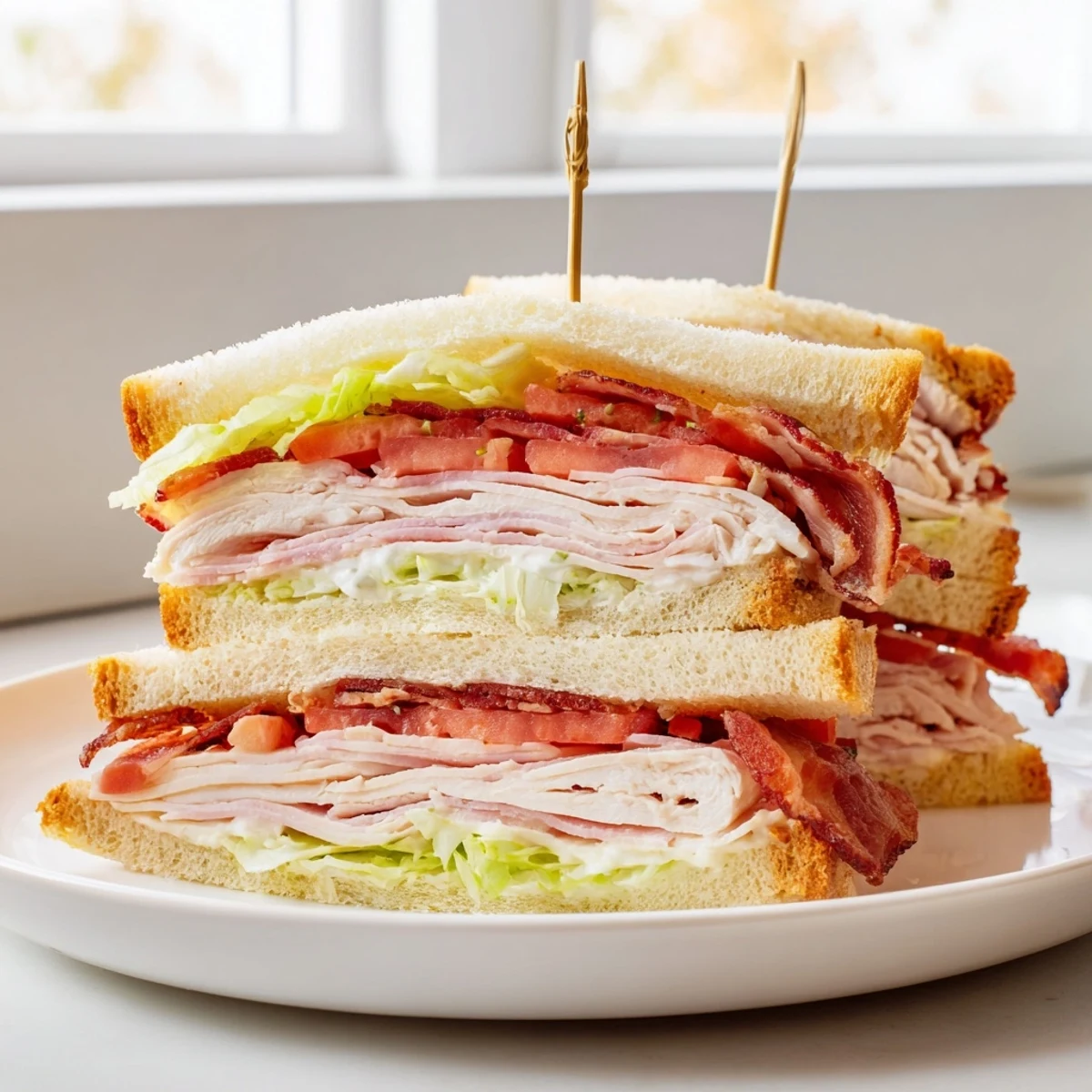 Club sandwich cut into neat wedges showing savory fillings and creamy mayonnaise.