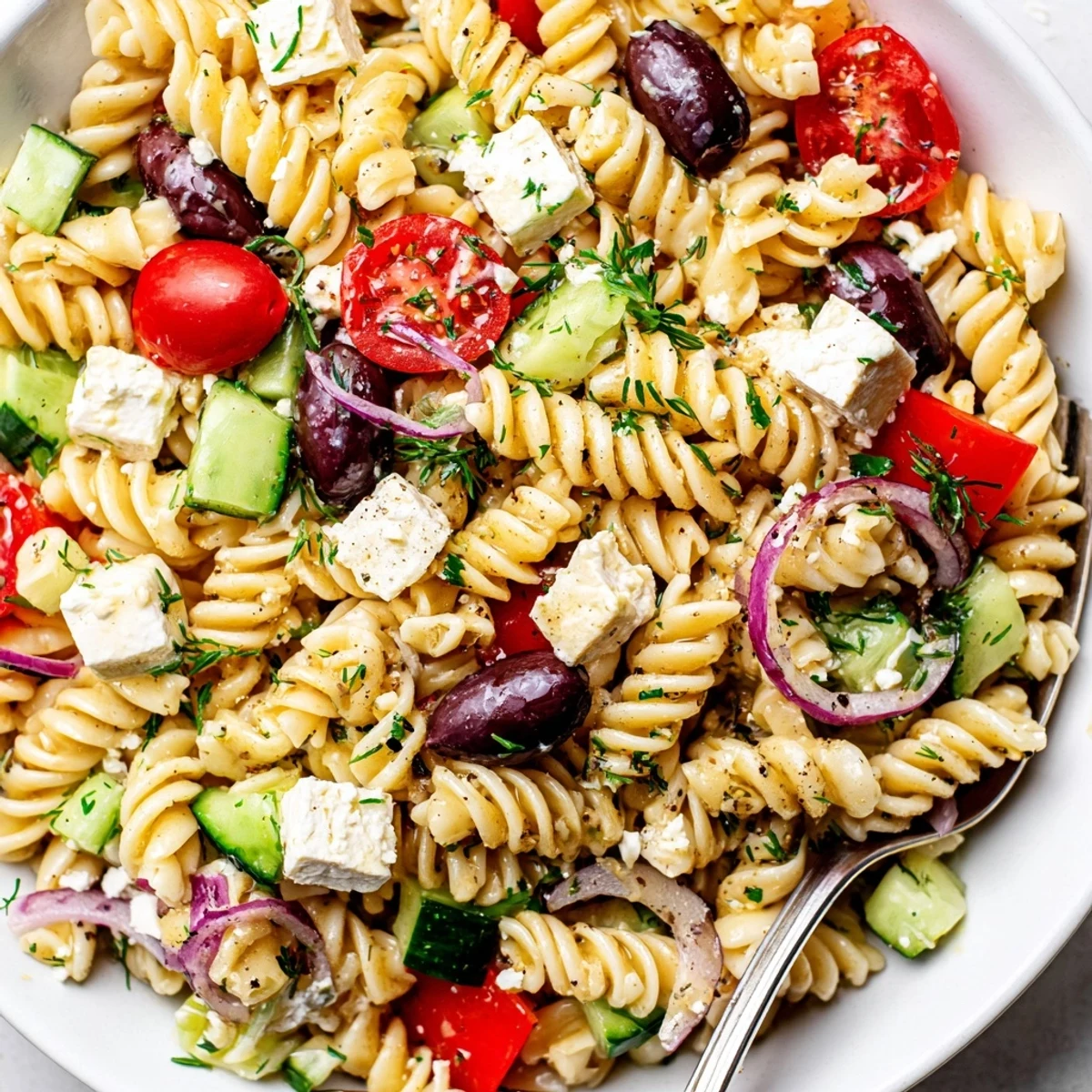 Colorful Greek pasta salad loaded with crisp veggies, olives, and crumbled feta cheese