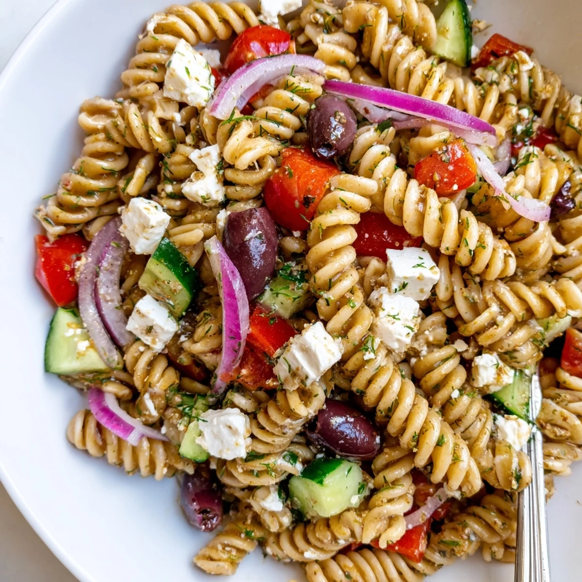 Greek pasta salad tossed in zesty lemon herb dressing, perfect for summer picnics
