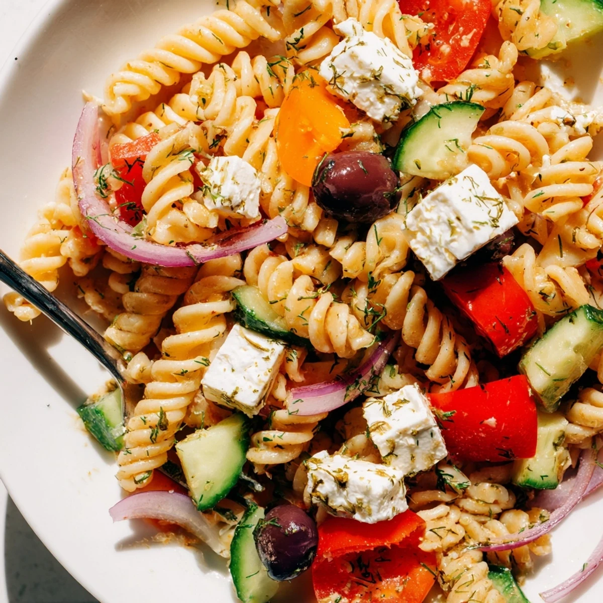 Creamy feta and fresh vegetables top this vibrant chilled Greek pasta salad bowl