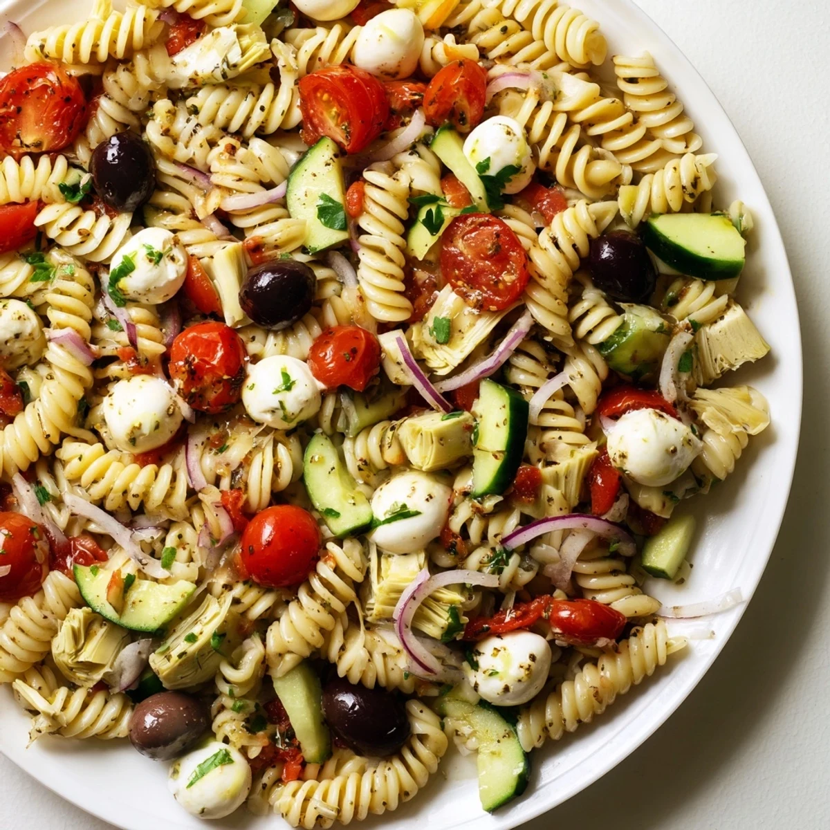 Colorful vegetarian Italian pasta salad in a large bowl with cherry tomatoes and fresh basil leaves